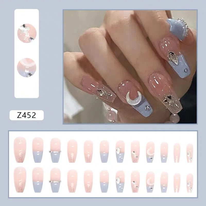 24PC Stereoscopic Vision False Nails Artificial Colors Fake Nails with Glue Full Cover Nail Tips Press on Nails Manicure Tools