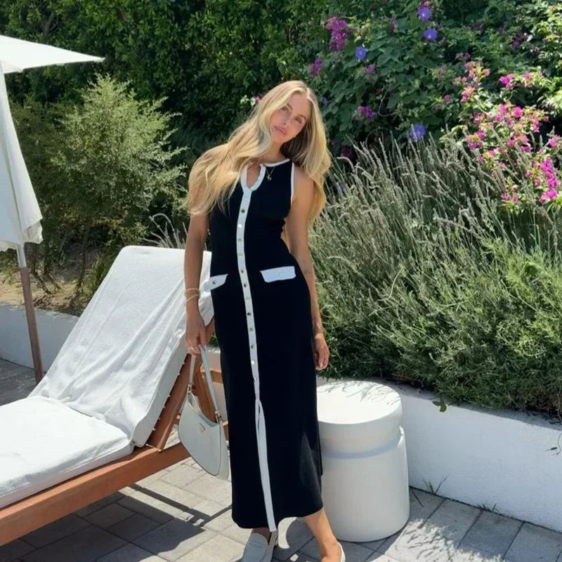 Elegant Sleeveless Single-breasted Ribbed Sweaters Long Dress for Women High Waist Bodycon Knitted Fake Pocket Dress New