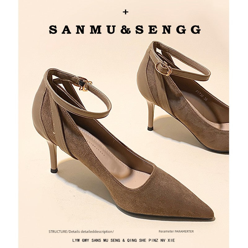 Ankle-Strap High Heels Female Fall and Winter Fleece-lined 2025 New Arrival Flats Black Work Clothing Professional Stiletto Pointed-Toe Shoes