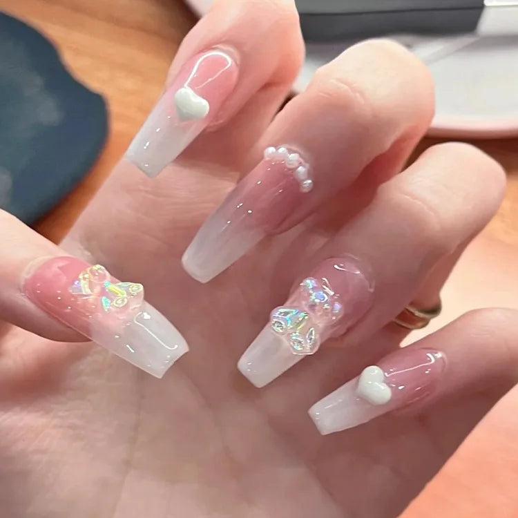 24Pcs/Box Gradient Color Artifical Press On Nails With Glue Long Coffin Fake Nails Lovely Girls Nail Art Ballerina False Nails