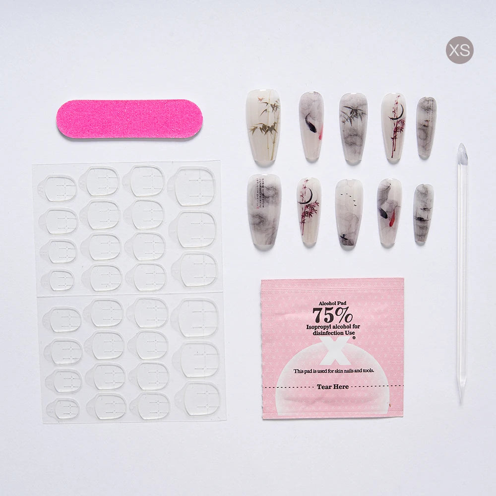 10PCS Chinese Bamboo Long Press on Nails Poetry Painting Design Fake Nails Set Reusable Full Cover Acrylic Nails Art for Women