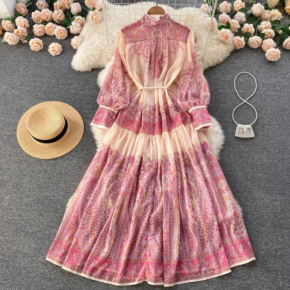 2024 Early Spring New Sensibility Niche Stand Collar Lantern Sleeve Printing Dress Loose Fit Slimming Elegant Long Dress