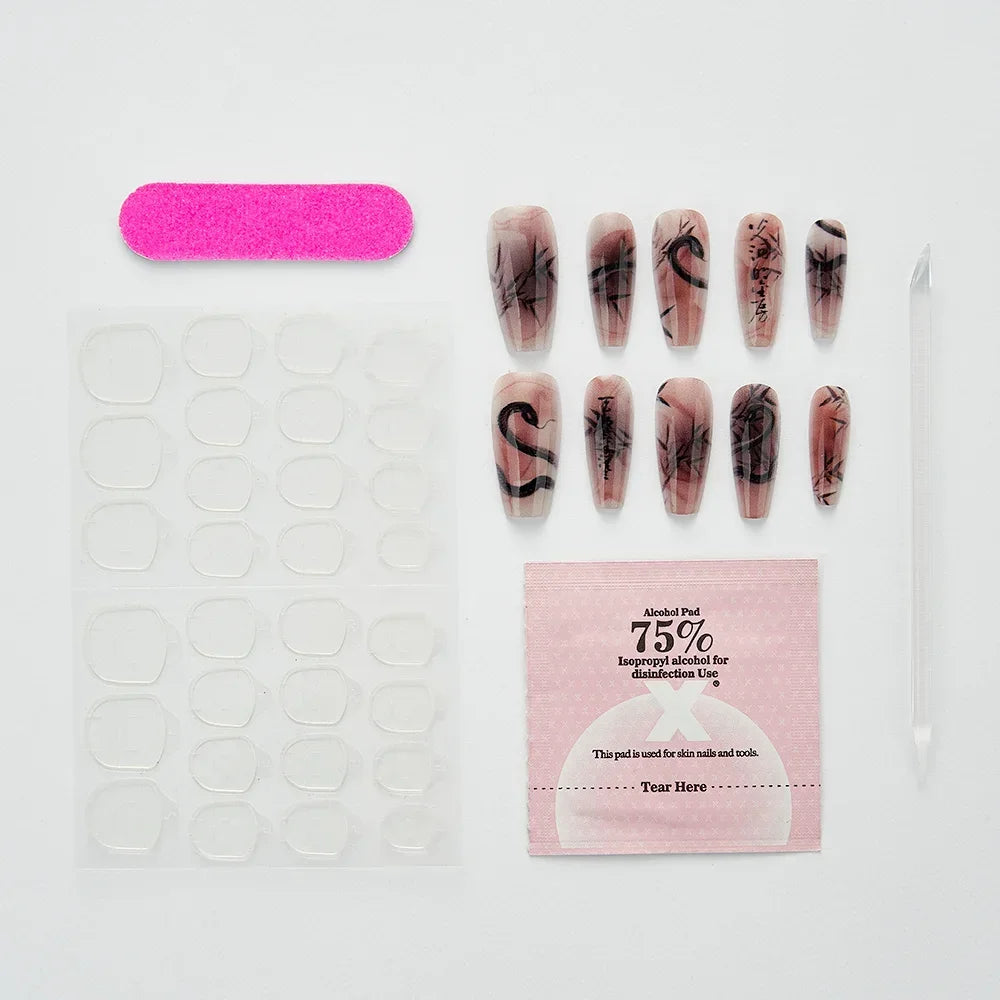 10PCS Chinese Bamboo Long Press on Nails Poetry Painting Design Fake Nails Set Reusable Full Cover Acrylic Nails Art for Women