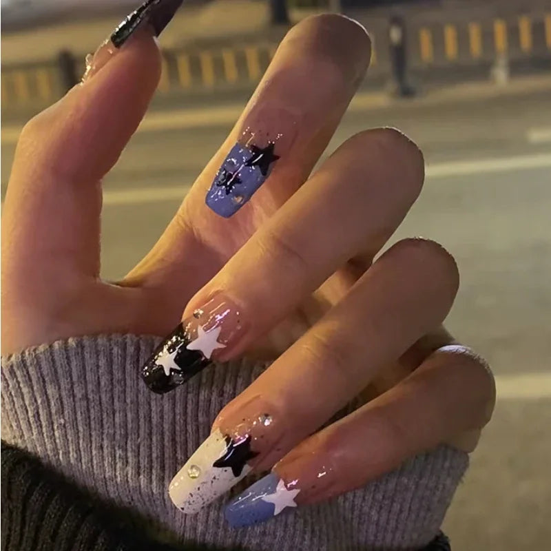 Silver Butterfly Shiny Rhinestone Wearable Translucent Black T-shaped Fake Nails Finished False Nails Press on Nails with Glue