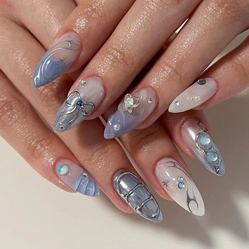 Glossy Press On Nails Set Short Oval Shiny Gradient French Nail Art Design Reusable Full Cover Fake Nails With Glue For Girls
