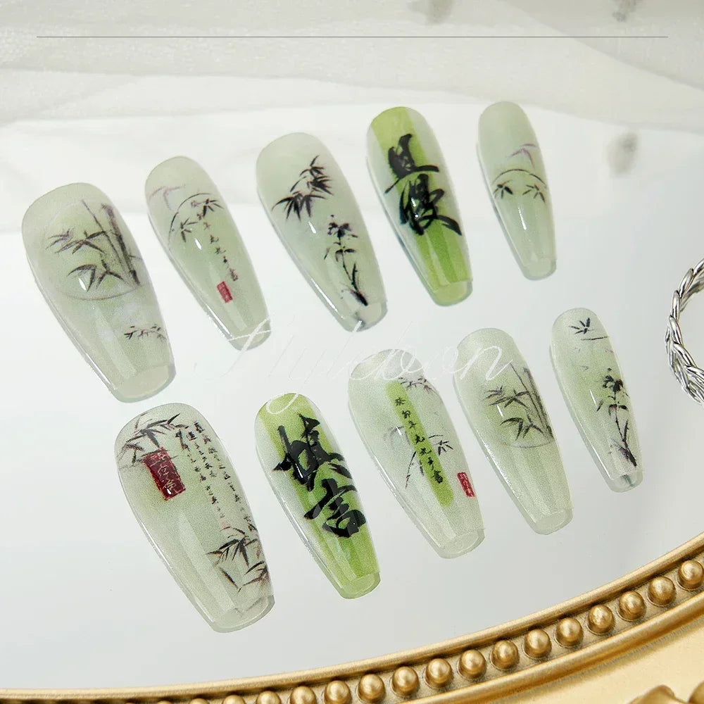 10PCS Chinese Bamboo Long Press on Nails Poetry Painting Design Fake Nails Set Reusable Full Cover Acrylic Nails Art for Women