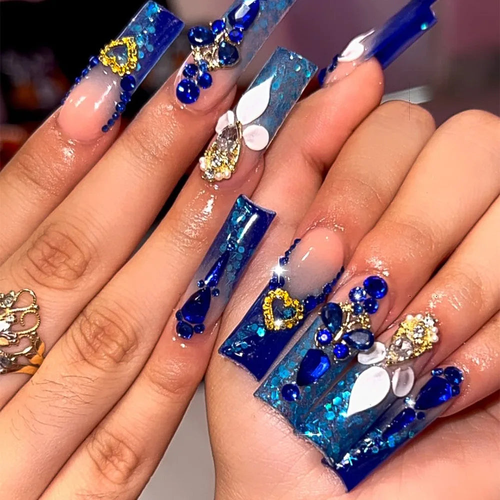 24Pcs Leopard Print Design False Nails with Bow Rhinestone Long Square Press on Nails Wearable French Ballet Fake Nail Tips