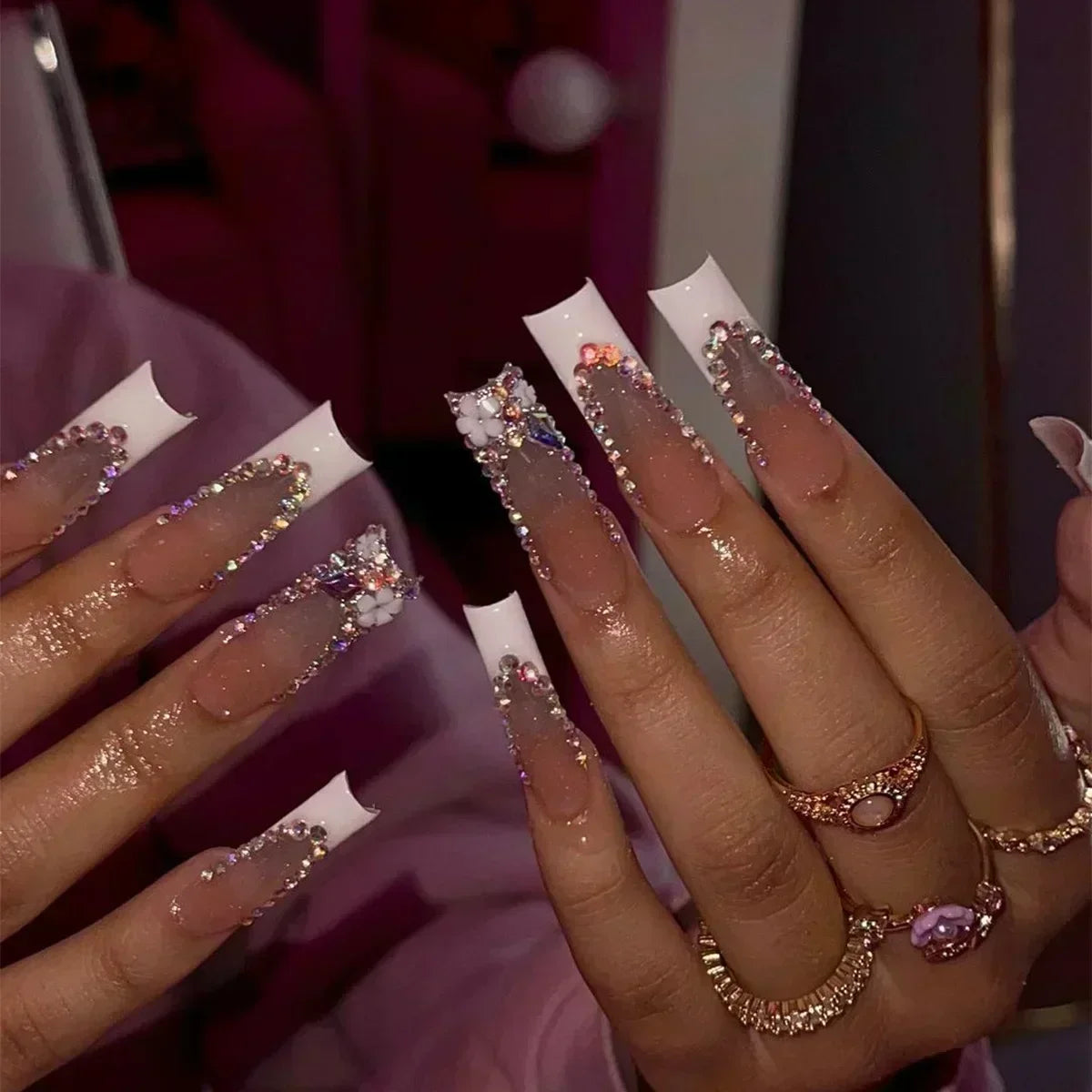 24Pcs Pink French False Nails French with Rhinestone Acrylic Fake Nail Tips Detachable Coffin Press on Nails Full Cover Manicure