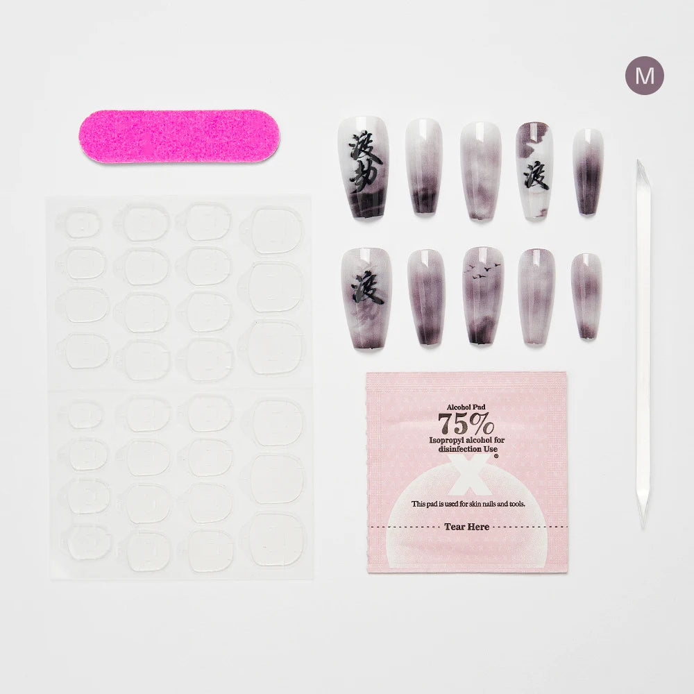10PCS Chinese Bamboo Long Press on Nails Poetry Painting Design Fake Nails Set Reusable Full Cover Acrylic Nails Art for Women