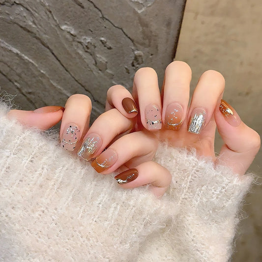 10Pcs Gradient Brown Coffin False Nails Long Ballet Fake Nails with French Edge Design Glitter Wearable Press on Nails Manicure